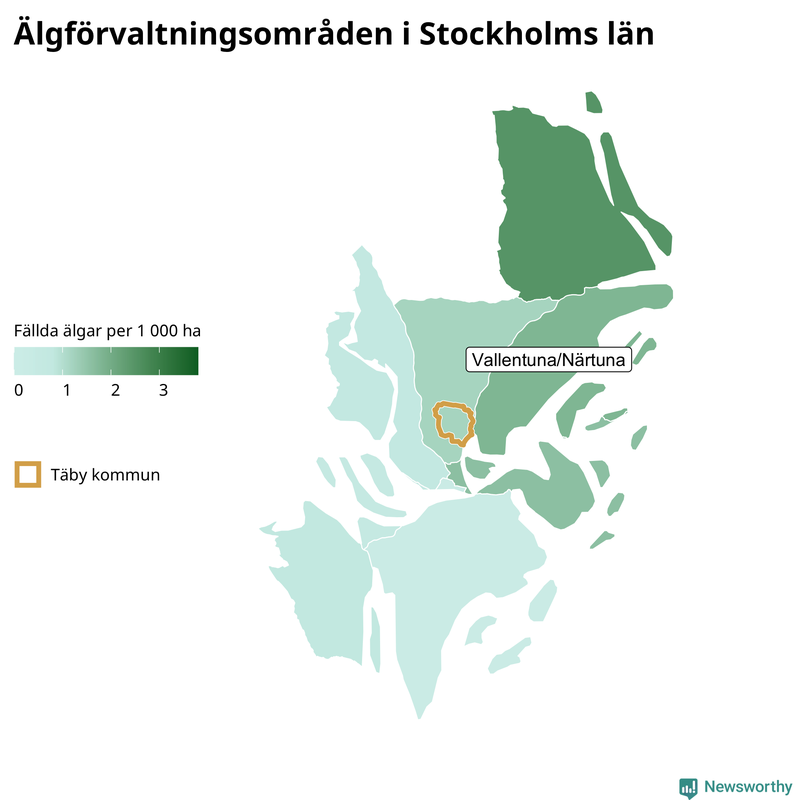 Fällda älgar per 1&nbsp;000 hektar Stockholms län