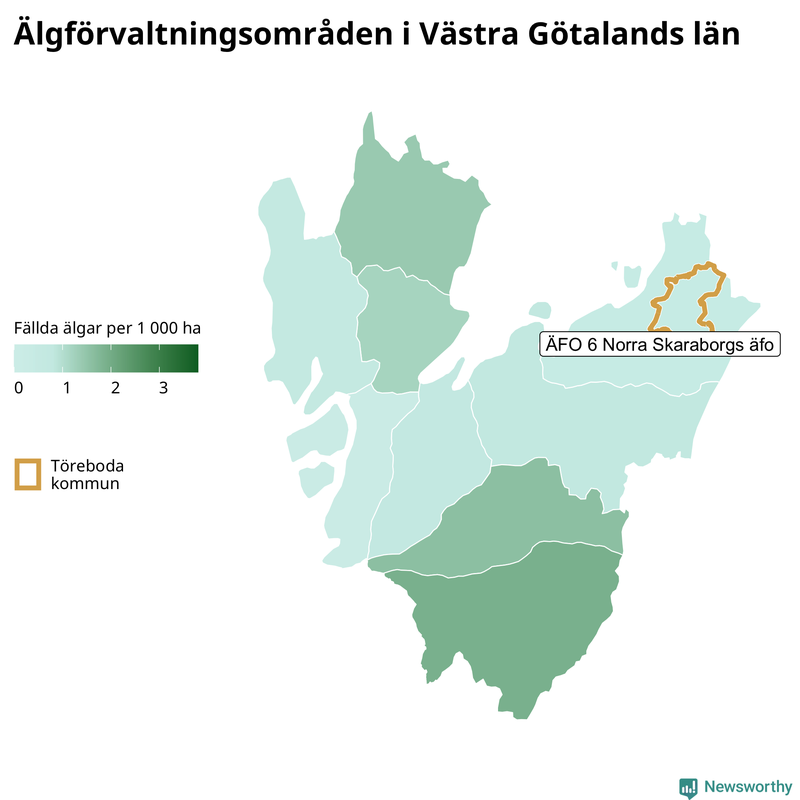 Fällda älgar per 1&nbsp;000 hektar Västra Götalands län