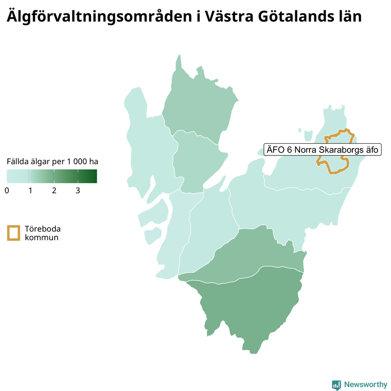 Fällda älgar per 1 000 hektar Västra Götalands län