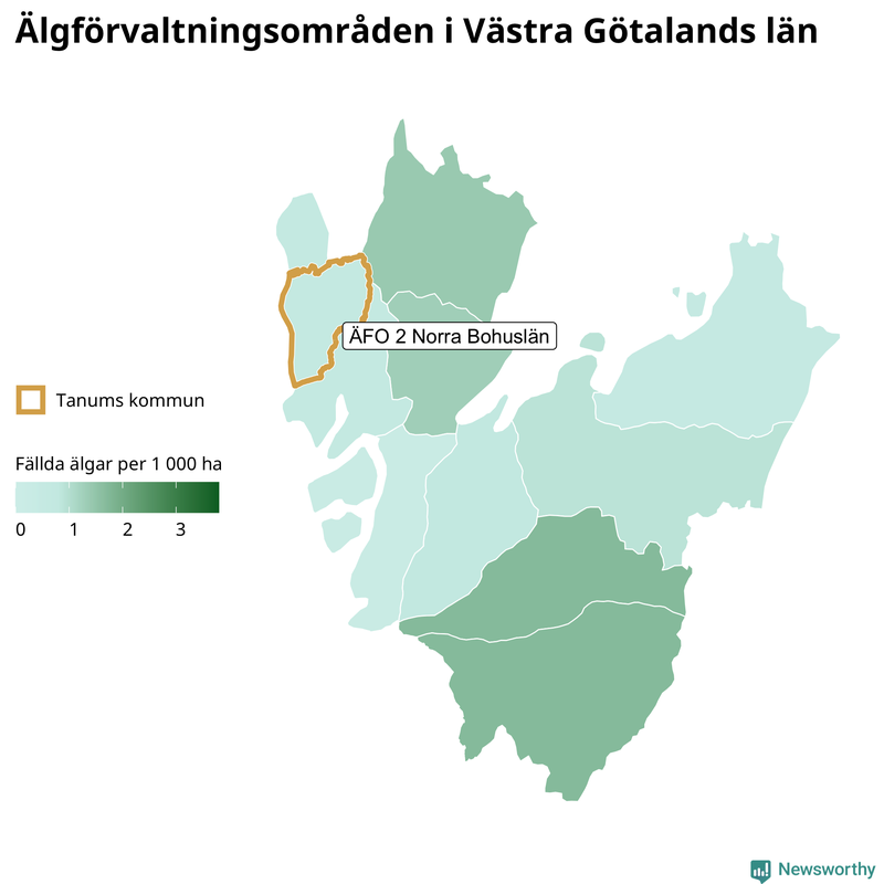 Fällda älgar per 1&nbsp;000 hektar Västra Götalands län