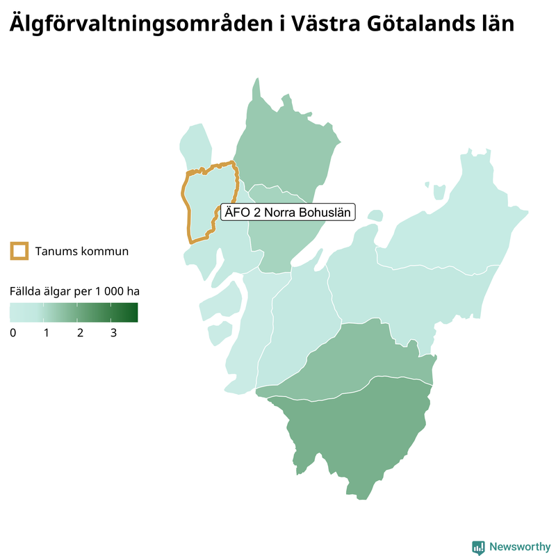 Fällda älgar per 1&nbsp;000 hektar Västra Götalands län