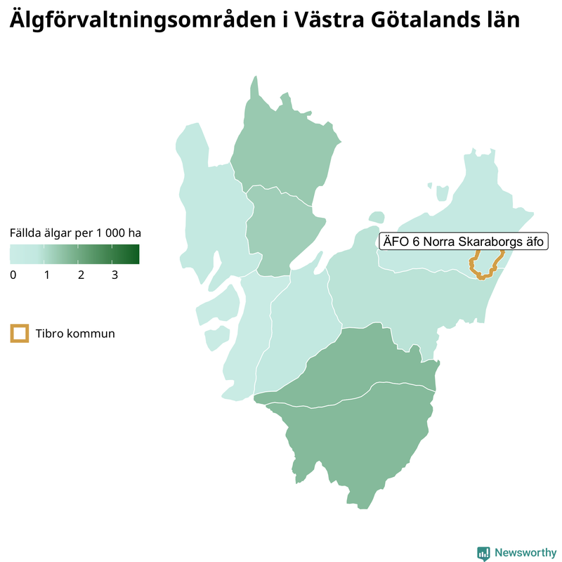 Fällda älgar per 1&nbsp;000 hektar Västra Götalands län