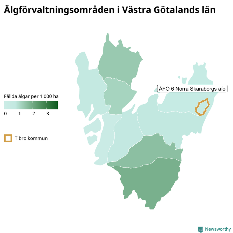 Fällda älgar per 1&nbsp;000 hektar Västra Götalands län
