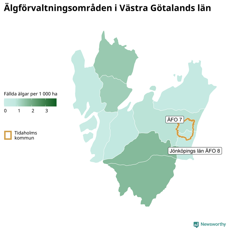 Fällda älgar per 1 000 hektar Västra Götalands län