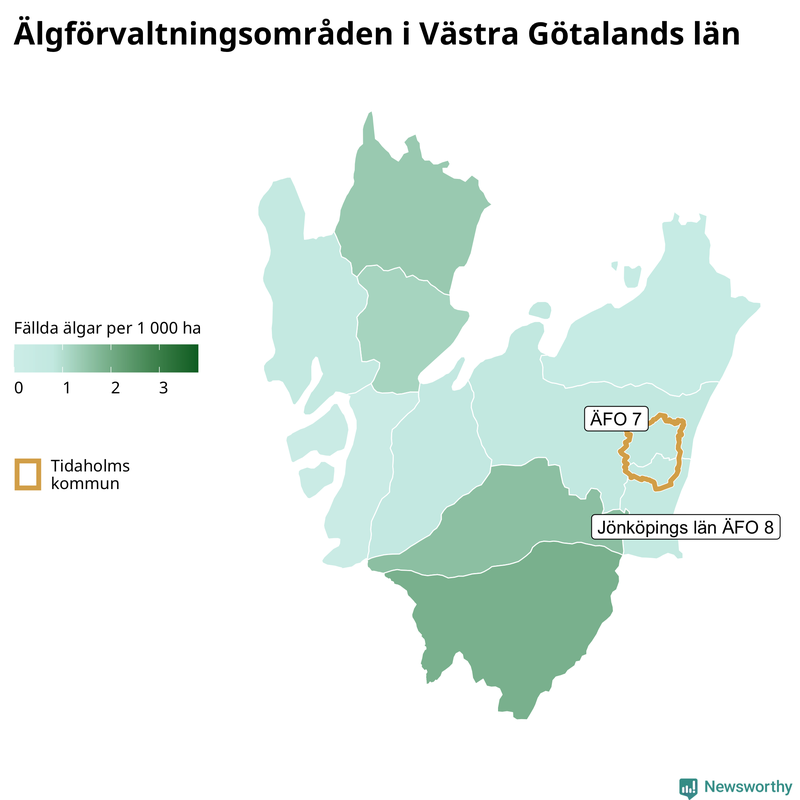 Fällda älgar per 1&nbsp;000 hektar Västra Götalands län