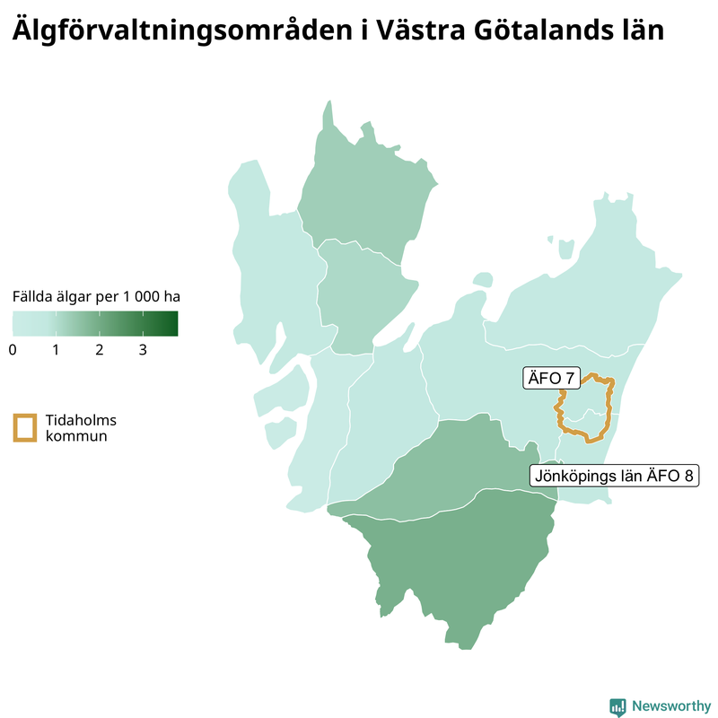Fällda älgar per 1 000 hektar Västra Götalands län