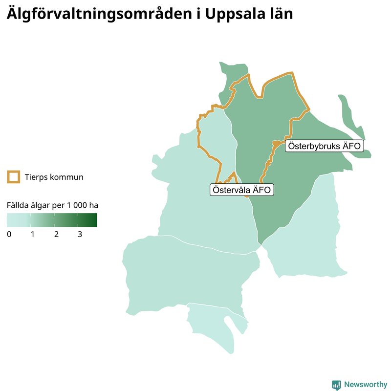Fällda älgar per 1 000 hektar Uppsala län