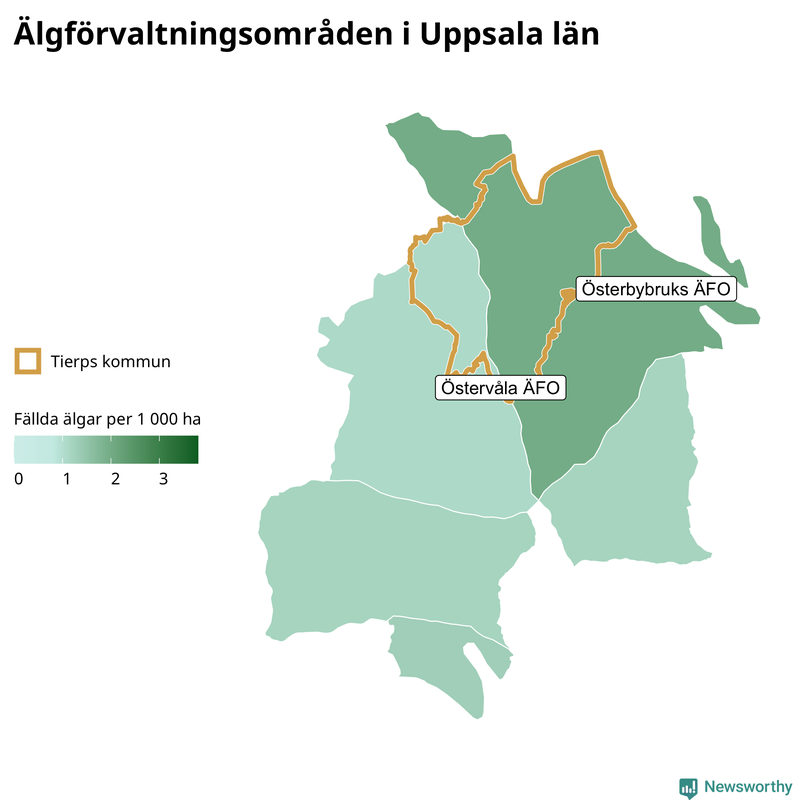 Fällda älgar per 1&nbsp;000 hektar Uppsala län