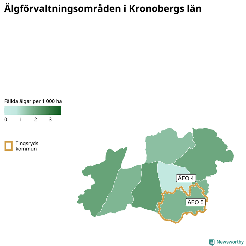 Fällda älgar per 1&nbsp;000 hektar Kronobergs län
