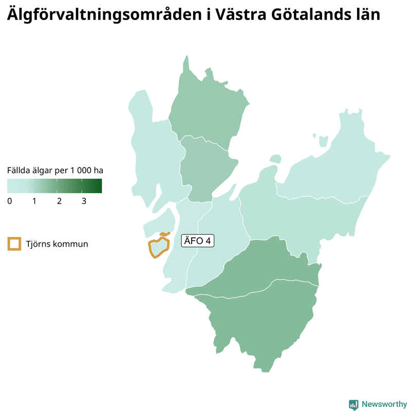 Fällda älgar per 1&nbsp;000 hektar Västra Götalands län