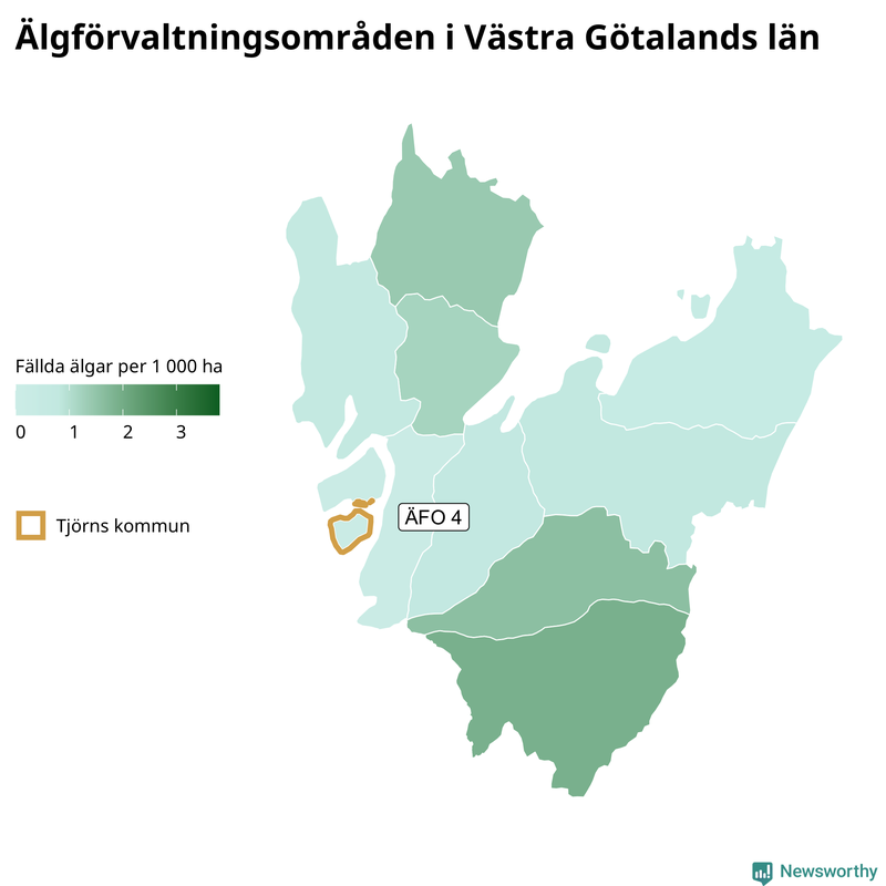 Fällda älgar per 1&nbsp;000 hektar Västra Götalands län