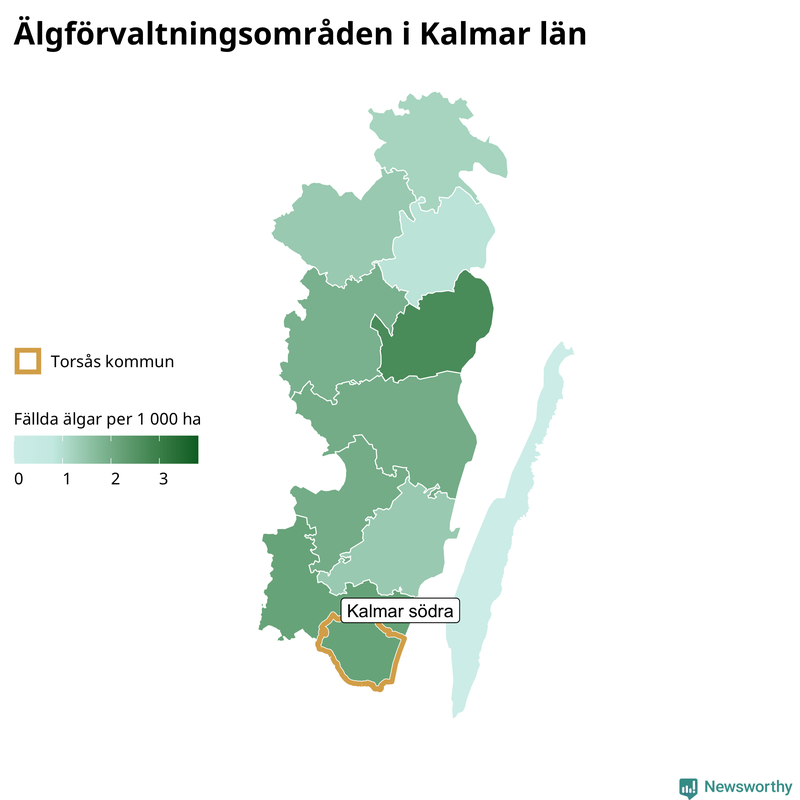 Fällda älgar per 1&nbsp;000 hektar Kalmar län