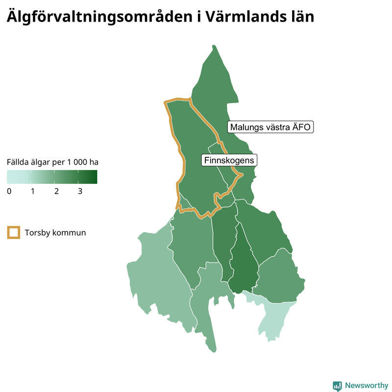 Fällda älgar per 1&nbsp;000 hektar Värmlands län