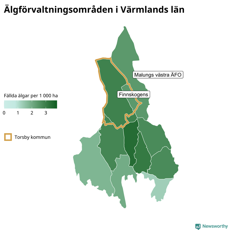 Fällda älgar per 1 000 hektar Värmlands län