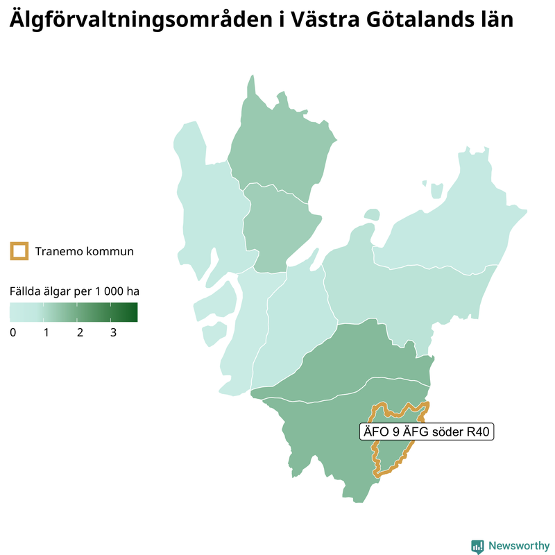 Fällda älgar per 1&nbsp;000 hektar Västra Götalands län
