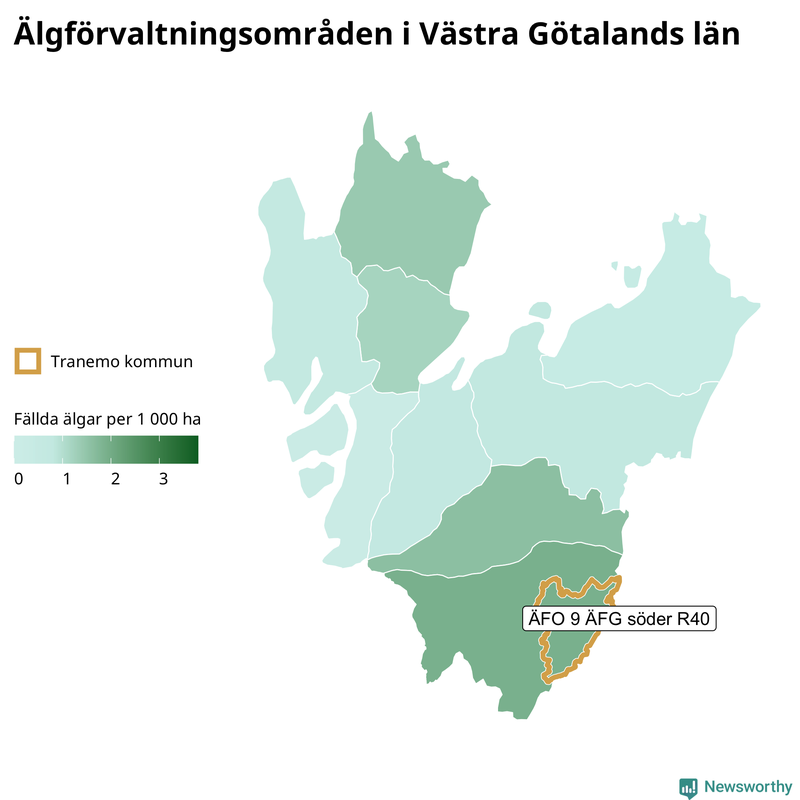 Fällda älgar per 1&nbsp;000 hektar Västra Götalands län