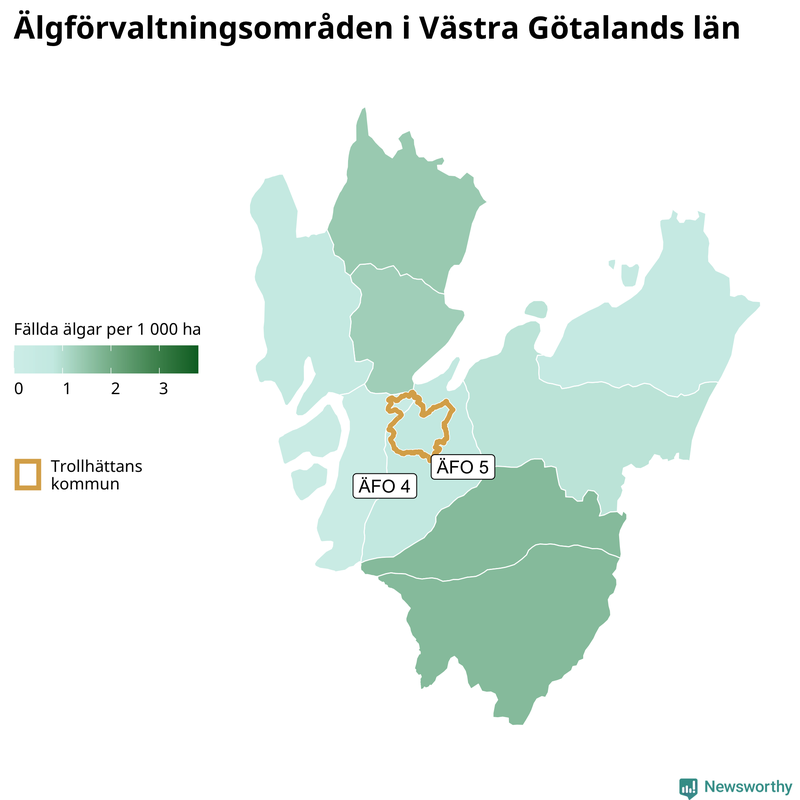 Fällda älgar per 1 000 hektar Västra Götalands län