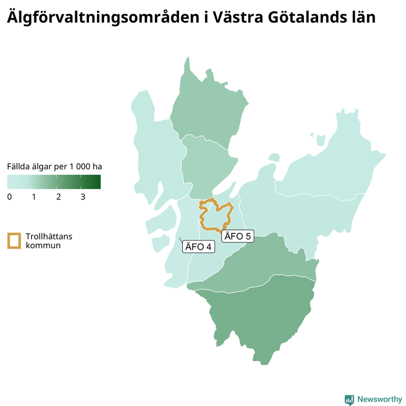 Fällda älgar per 1&nbsp;000 hektar Västra Götalands län
