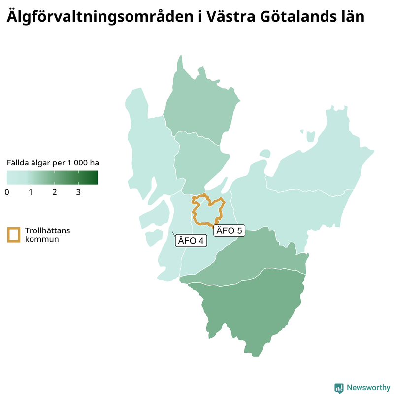 Fällda älgar per 1 000 hektar Västra Götalands län