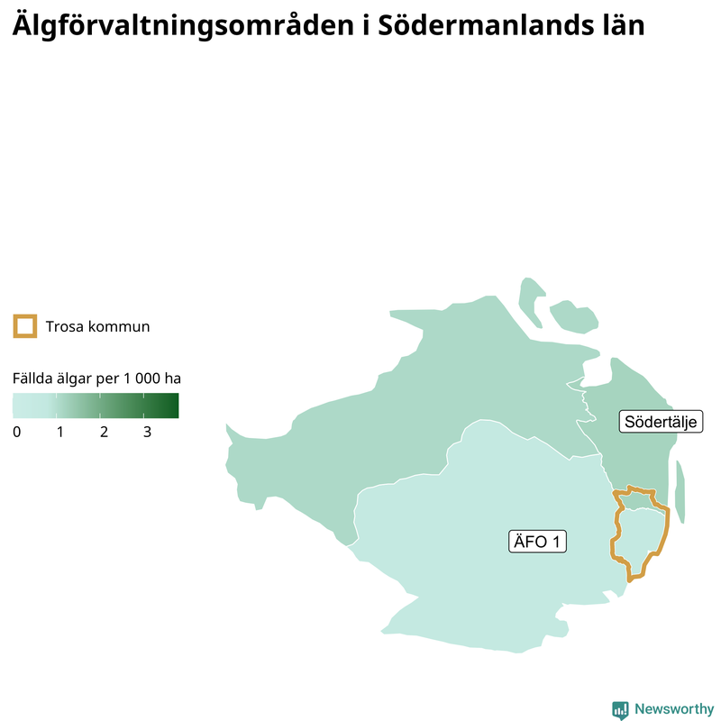 Fällda älgar per 1&nbsp;000 hektar Södermanlands län