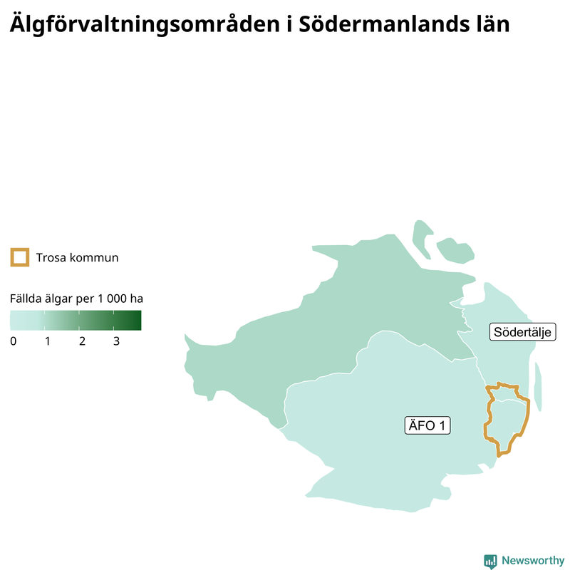 Fällda älgar per 1&nbsp;000 hektar Södermanlands län