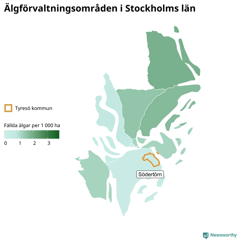 Fällda älgar per 1&nbsp;000 hektar Stockholms län
