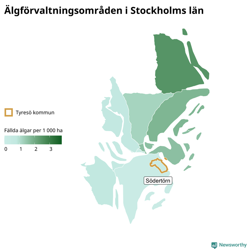 Fällda älgar per 1&nbsp;000 hektar Stockholms län