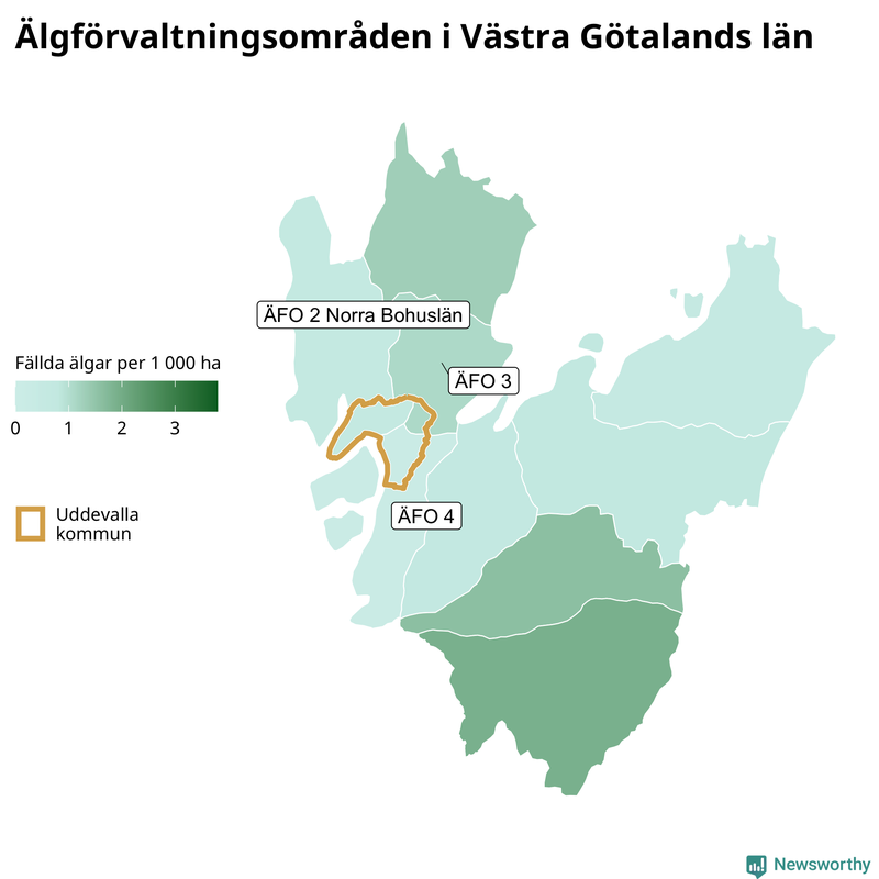 Fällda älgar per 1 000 hektar Västra Götalands län