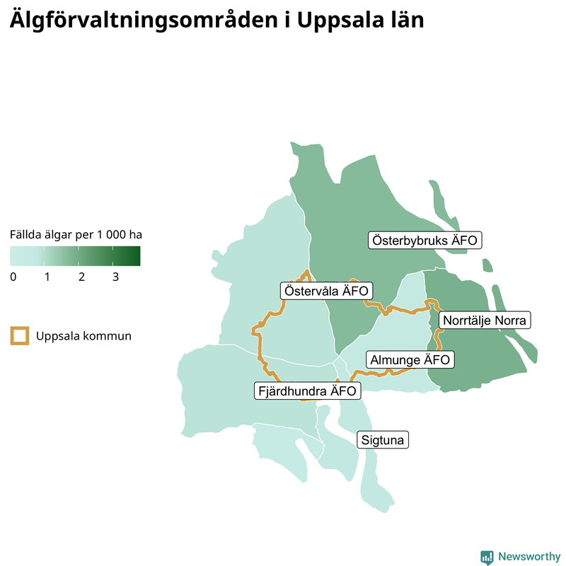 Fällda älgar per 1 000 hektar Uppsala län