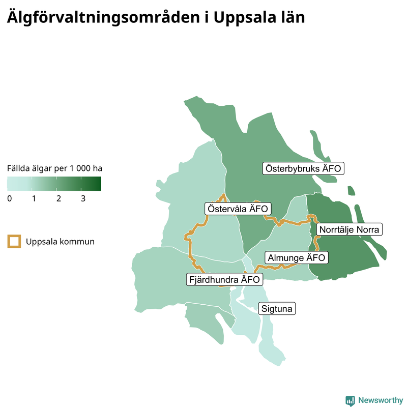 Fällda älgar per 1&nbsp;000 hektar Uppsala län