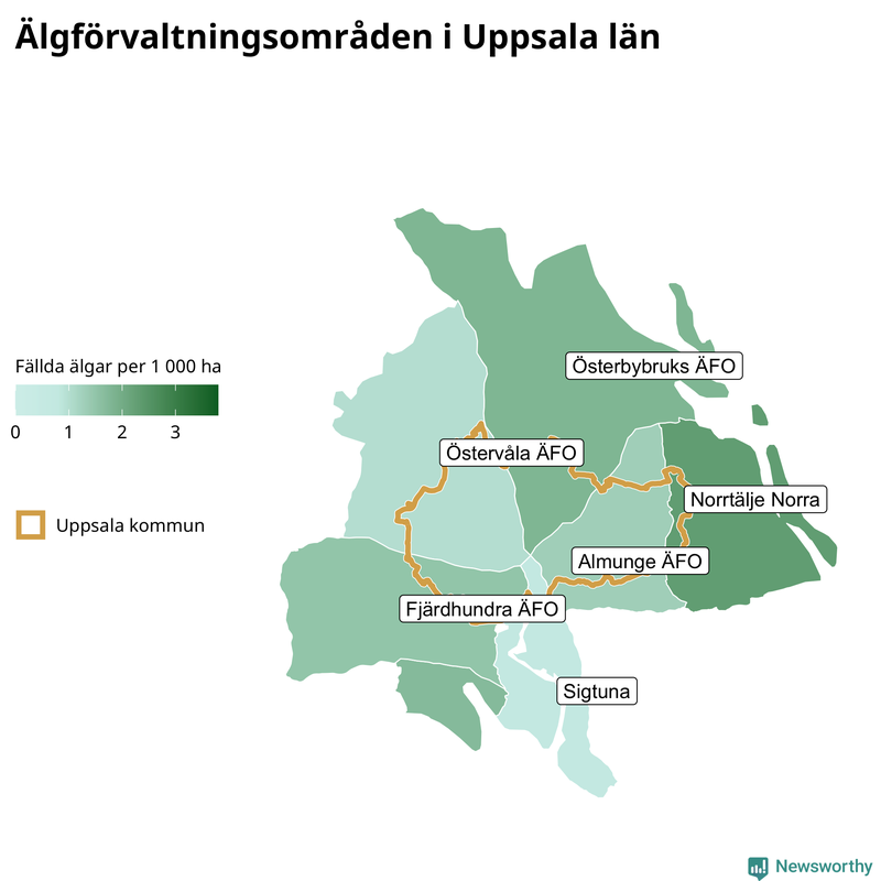 Fällda älgar per 1 000 hektar Uppsala län
