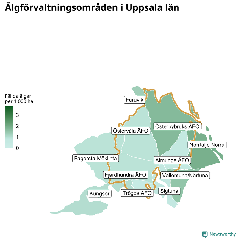 Fällda älgar per 1 000 hektar Uppsala län