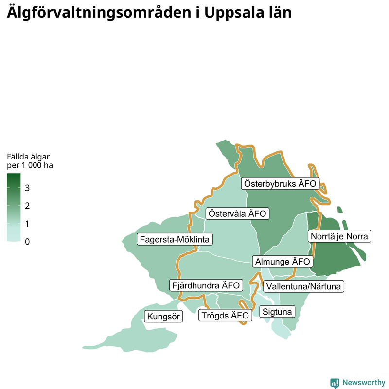 Fällda älgar per 1&nbsp;000 hektar Uppsala län