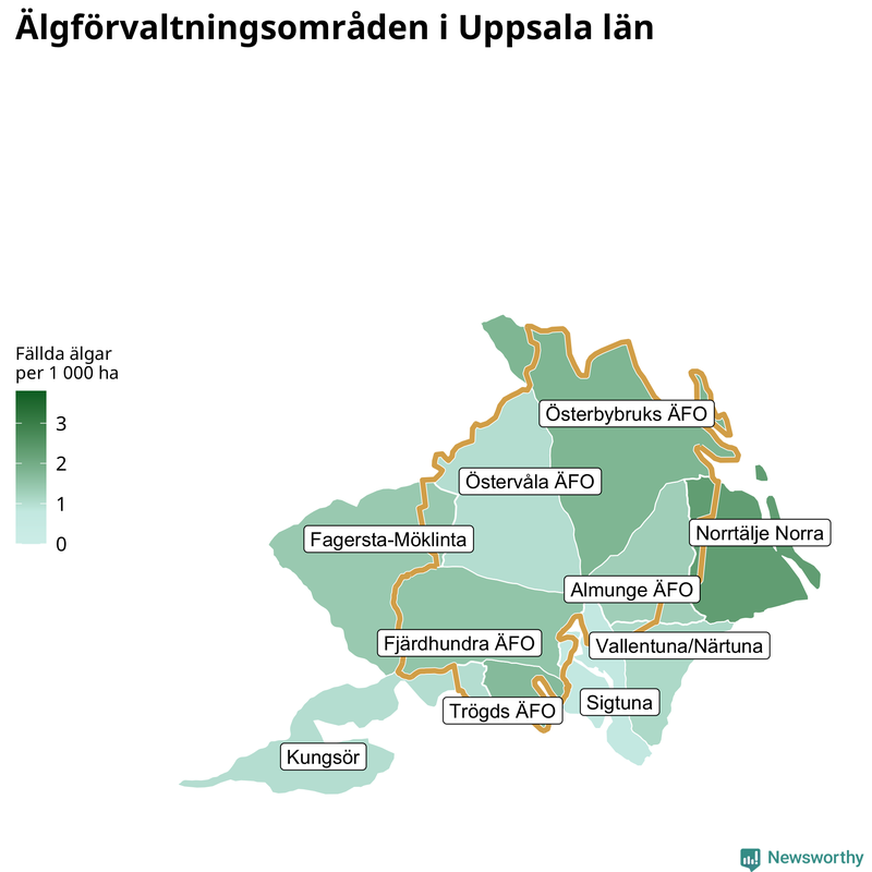 Fällda älgar per 1 000 hektar Uppsala län