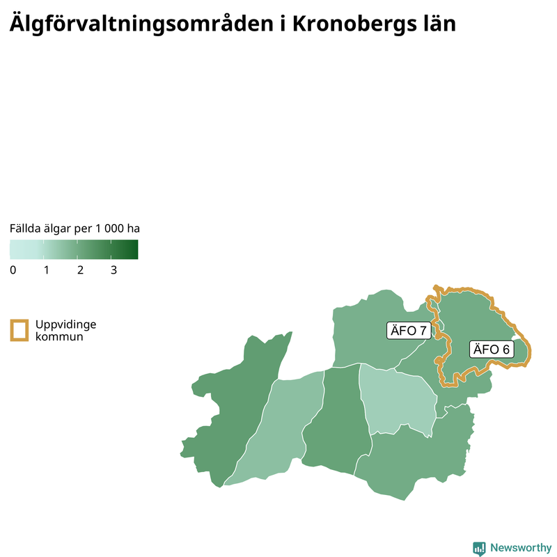 Fällda älgar per 1&nbsp;000 hektar Kronobergs län