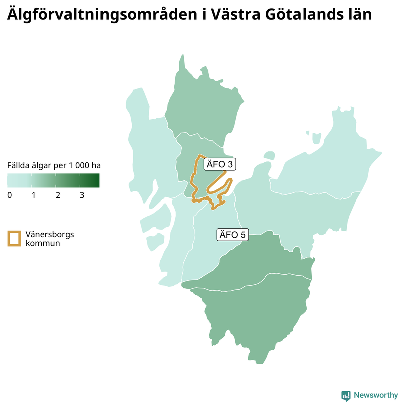 Fällda älgar per 1&nbsp;000 hektar Västra Götalands län