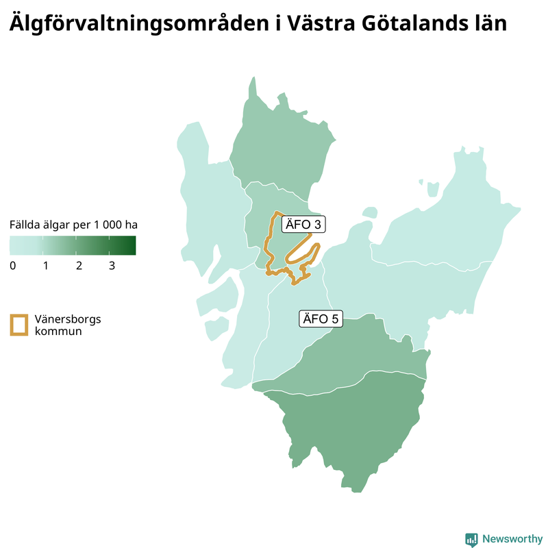 Fällda älgar per 1&nbsp;000 hektar Västra Götalands län