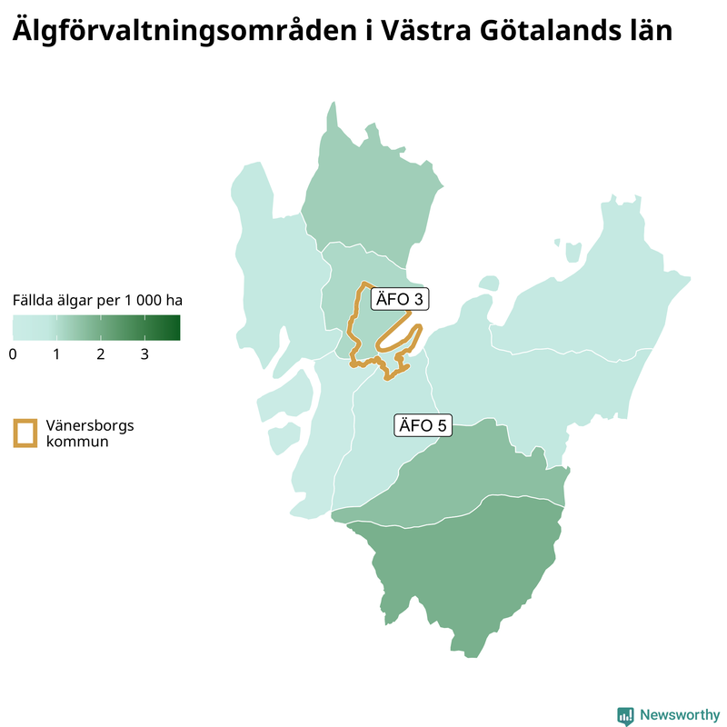 Fällda älgar per 1 000 hektar Västra Götalands län