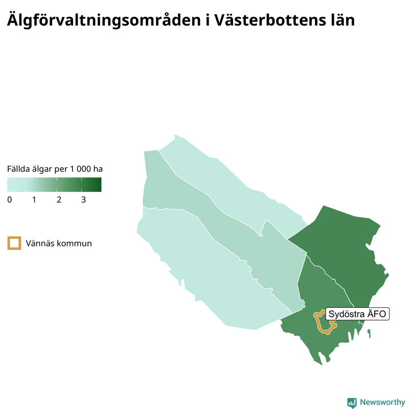 Fällda älgar per 1 000 hektar Västerbottens län