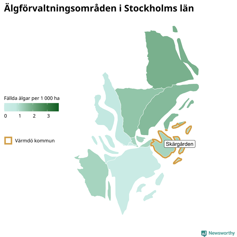 Fällda älgar per 1&nbsp;000 hektar Stockholms län