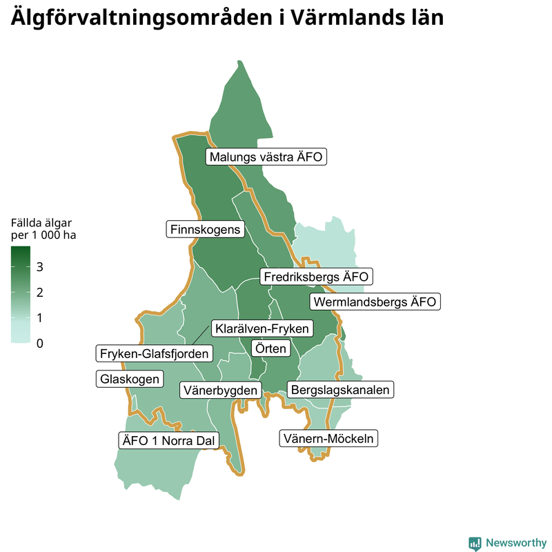 Fällda älgar per 1 000 hektar Värmlands län