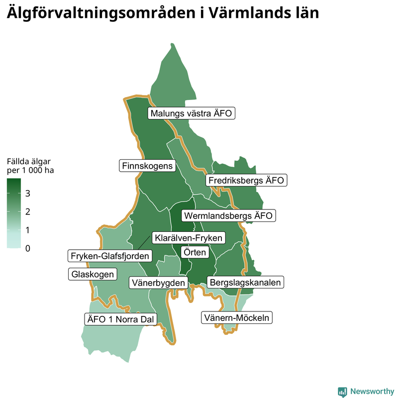 Fällda älgar per 1&nbsp;000 hektar Värmlands län