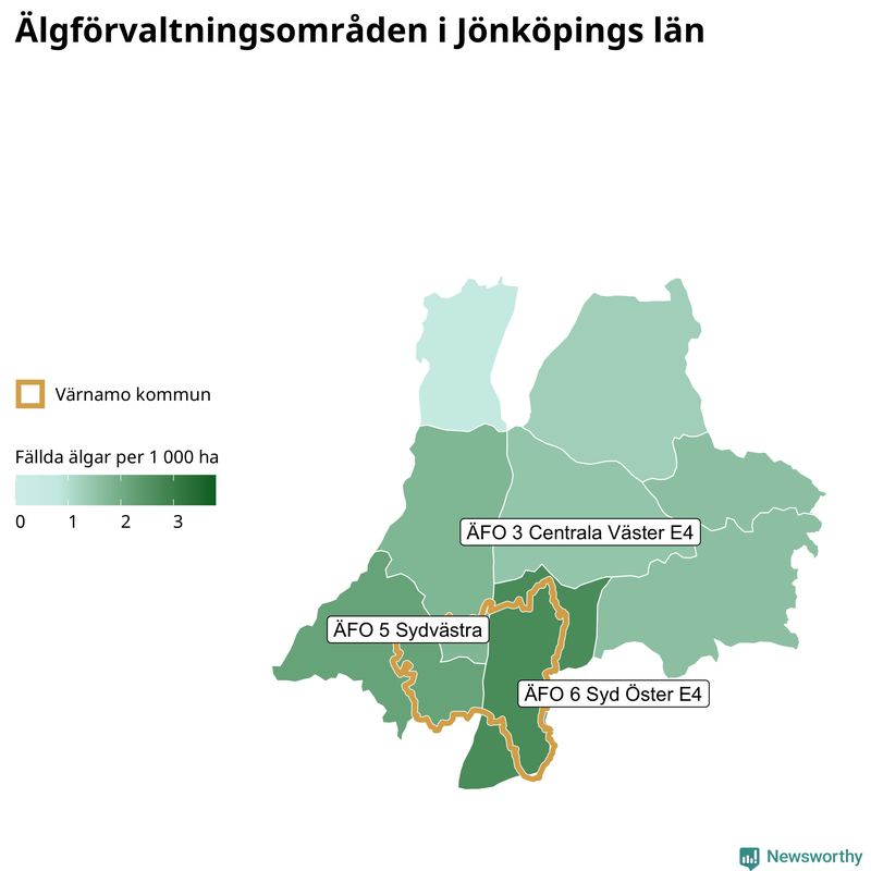 Fällda älgar per 1 000 hektar Jönköpings län