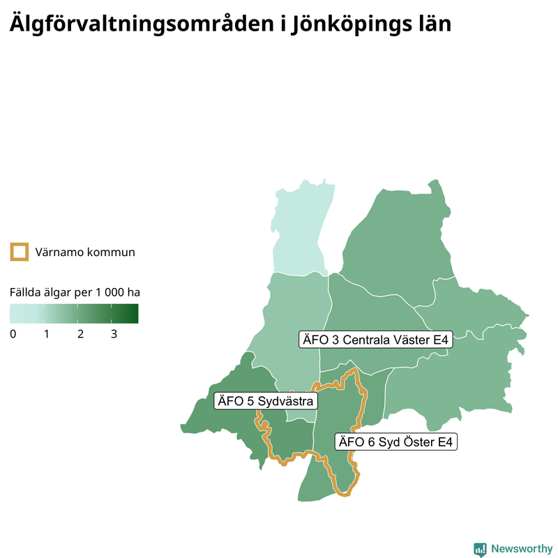 Fällda älgar per 1&nbsp;000 hektar Jönköpings län