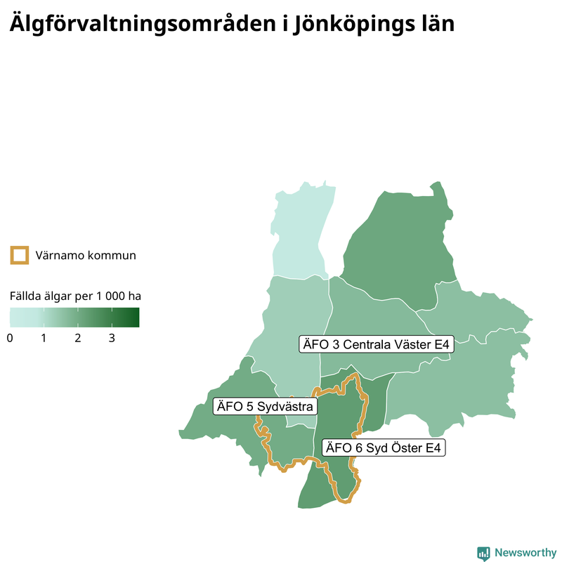 Fällda älgar per 1 000 hektar Jönköpings län