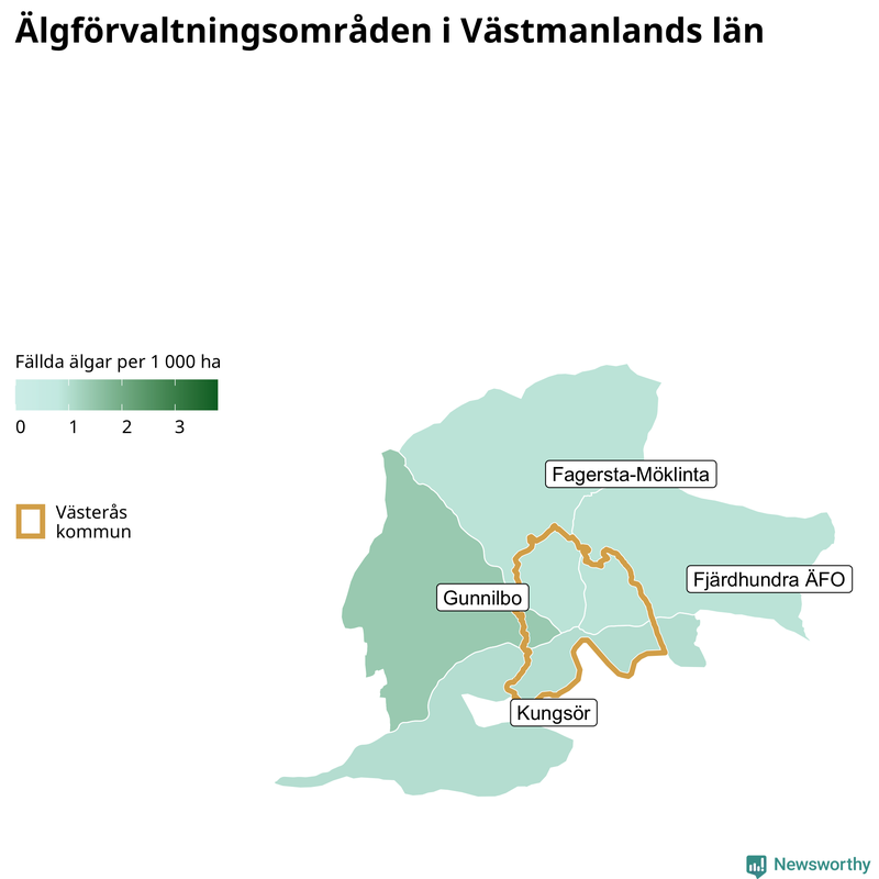 Fällda älgar per 1 000 hektar Västmanlands län
