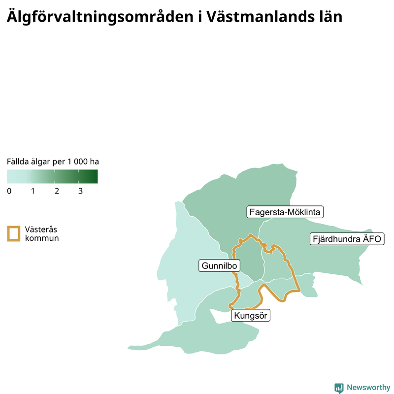Fällda älgar per 1&nbsp;000 hektar Västmanlands län