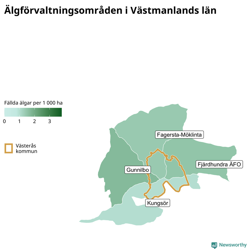 Fällda älgar per 1 000 hektar Västmanlands län