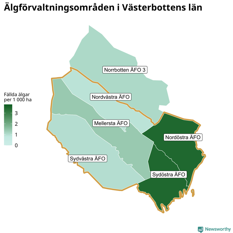 Fällda älgar per 1 000 hektar Västerbottens län