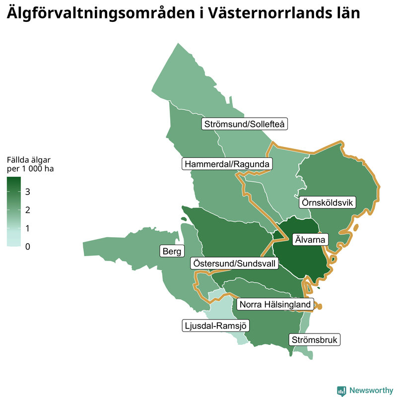Fällda älgar per 1&nbsp;000 hektar Västernorrlands län